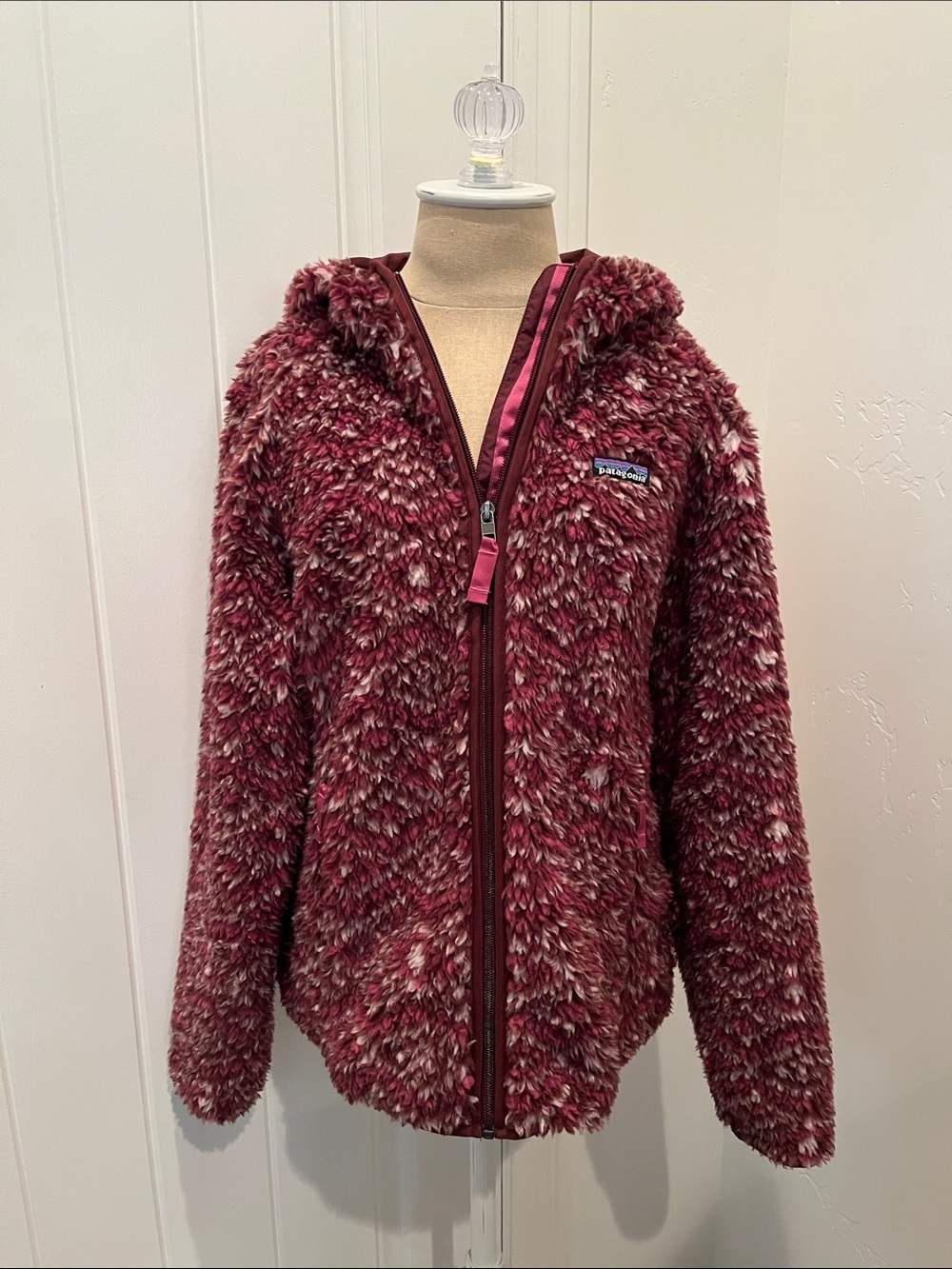 Patagonia Maroon & Cream Fuzzy Hooded Zip Jacket